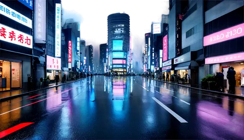 Tokyo cityscape, 4K resolution, Japan neon lights, vibrant colors, modern skyscrapers, bustling streets, Japanese kanji signage, rainy night, misty atmosphere, reflective wet pavement, dramatic lighti