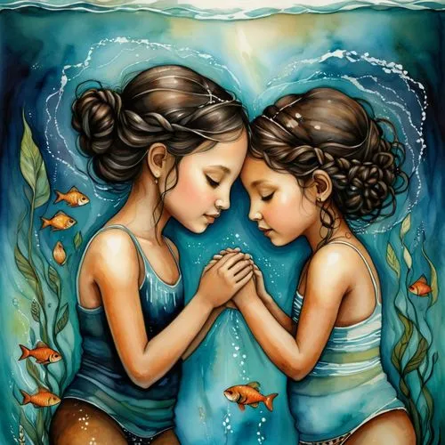 mermaids,believe in mermaids,little girl and mother,water nymph,lilo,two girls,water connection,young swimmers,water forget me not,water lotus,mermaid background,water pearls,two fish,sirens,watery heart,under the water,let's be mermaids,little girls,baby bathing,water-leaf family,Conceptual Art,Daily,Daily 34