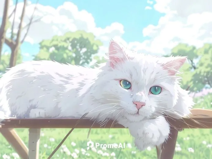 fluffy white cat in a field of flowers with trees behind,white cat,cat with blue eyes,violet evergarden,turkish van,turkish angora,blue eyes cat,domestic long-haired cat,cute cat,felidae,heterochromia