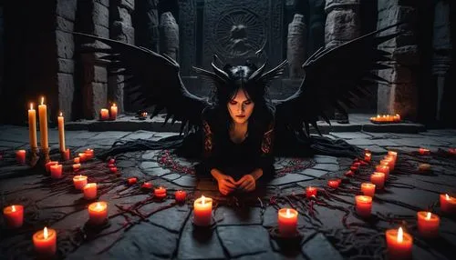 dark angel,angel of death,black angel,fallen angel,dark gothic mood,black candle,gothic portrait,dark art,lucifer,gothic woman,death angel,archangel,angel and devil,offering,uriel,witches pentagram,angelology,gothic,black raven,the archangel,Illustration,American Style,American Style 15