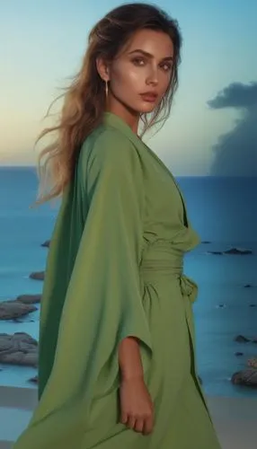 the woman in a green dress is posing for a po,eleftheria,beach background,jarabo,caftan,beren,palijo,Photography,General,Realistic