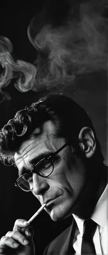 Rod Serling, 50s, male, iconic pose, holding cigarette, smoking, black suit, white shirt, black tie, messy hair, glasses, facial close-up, indoor setting, dim lighting, smoke surrounding face, nostalg