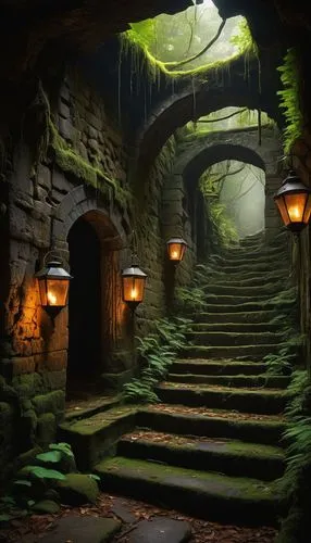 the mystical path,dungeon,winding steps,stone stairway,hollow way,dungeons,pathway,fantasy landscape,hall of the fallen,forest path,wooden path,the path,catacombs,abandoned place,stone stairs,ancient city,abandoned places,witch's house,hiking path,walkway,Conceptual Art,Oil color,Oil Color 06