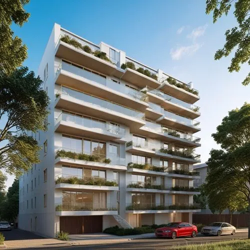 As the sun begins to set, a vibrant orange glow illuminates the dimly lit apartment building, casting a radiant glow on its intricate balconies. Each floor holds intricate details of a ceiling, as if 