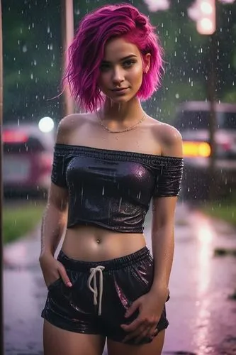 Cute young girl, magenta hair, off shoulder longsleeve, low raised shorts, heavy rain,in the rain,rain pants,wet girl,grunge,walking in the rain,wet,pink hair,toni,raindops,monsoon banner,rainy,punk,p