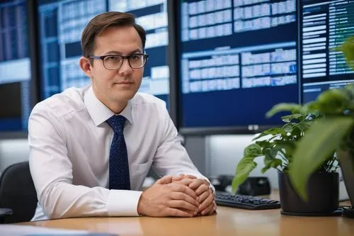 Modern software architect, middle-aged man, bespectacled, short brown hair, clean-shaven, formal attire, white shirt, dark blue suit, tie, sitting in a sleek, contemporary office, surrounded by screen