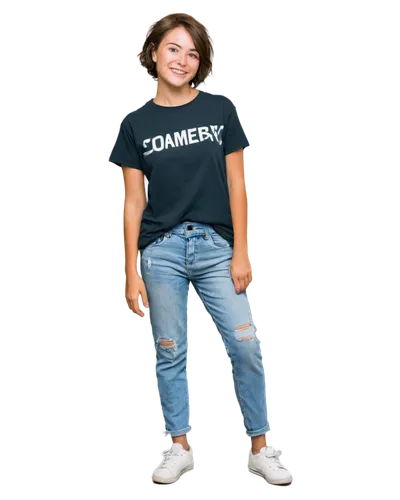 Tomboy girl, short hair, messy bob, bright smile, freckles on cheeks, casual clothing, graphic t-shirt, ripped jeans, sneakers, relaxed posture, leaning against wall, natural lighting, soft focus, 3/4