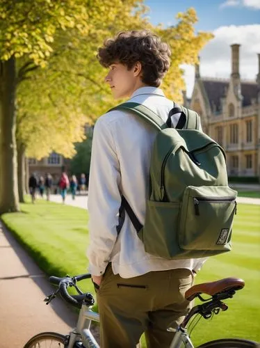 "University of Cambridge, architecture student, young adult, (20yo), casual wear, backpack, holding model, British style buildings, modern architecture, green campus, sunny day, natural light, beautif