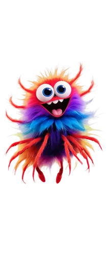 Cartoonish, animated spider, eight legs, big round eyes, colorful fur, smiling face, dynamic pose, jumping action, transparent background, soft lighting, vibrant colors, whimsical atmosphere, 3/4 comp