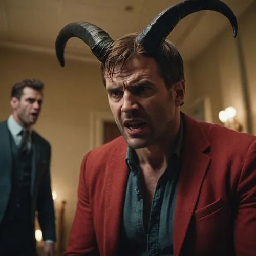 frustrated man and next to him a devil speaking in his ear.
,lucifer,hordley,crowley,dolarhyde,horns,devil,wormwood,goat horns,devils,devilishly,angel and devil,vladislaus,devilder,mephistopheles,sata