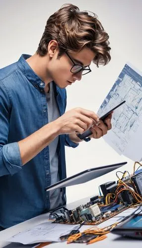 Computer science student, male, 20s, casual wear, blue shirt, jeans, sneakers, messy brown hair, glasses, holding a tablet, designing digital circuitry, complex diagrams, wires, microchips, CPU archit