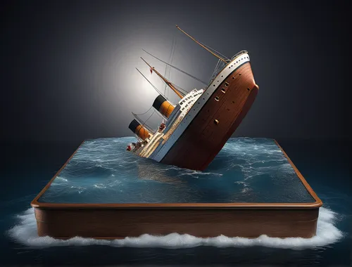 realistic model of the sinking titanic with a cube of ocean, neutral dark studio background, product photography, professionel lighting,caravel,lifeboat,shipwreck,inflation of sail,sea fantasy,costa c