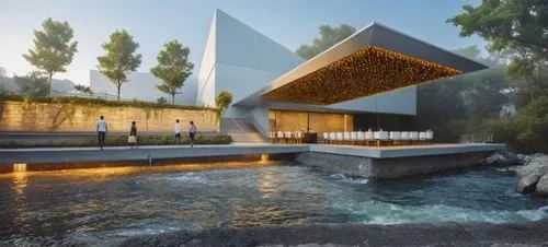 aqua studio,futuristic art museum,3d rendering,adjaye,spa water fountain,water wall