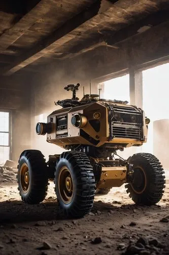 cinematic image of an explorer ((sci-fi small vehicle robot with a caterpillar)) investigating an abandoned building with his beams of light, a lot of rubble, dust suspended in the air, cold lighting,