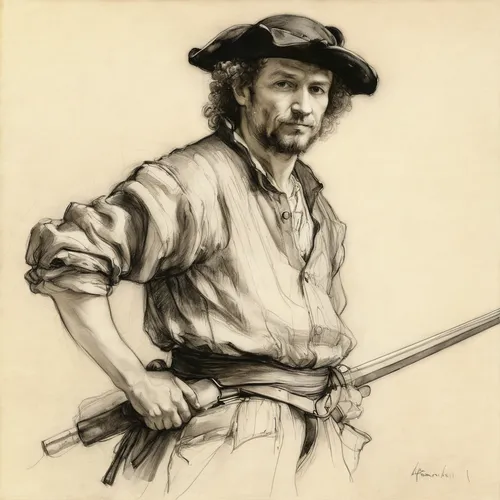 a carpenter,male poses for drawing,musketeer,carpenter,pilgrim,gaucho,el capitan,east-european shepherd,advertising figure,rifleman,leonardo,pencil and paper,fiddler,albrecht dürer,pencil drawing,woodsman,blacksmith,vendor,quarterstaff,artist portrait,Illustration,Paper based,Paper Based 11