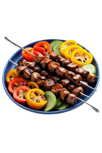 Plate of kebabs, Turkish cuisine, grilled meat skewers, colorful bell peppers, onions, tomatoes, mushrooms, savory spices, sizzling hot, steam rising, shallow depth of field, warm lighting, 3/4 compos