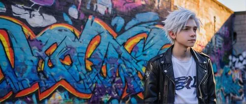 Chazaqiel, male, Shota, 14yo, spiky white hair, bright blue eyes, pale skin, gentle smile, slender build, black leather jacket, white shirt, dark jeans, sneakers, leaning against, graffiti wall, urban