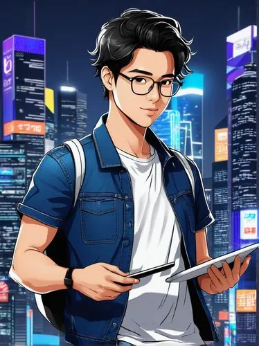 Anime AI creator, male, 25yo, messy black hair, thick-framed glasses, casual wear, jeans, white T-shirt, sneakers, holding a tablet, standing, modern studio, Tokyo, cityscape, night, neon lights, colo