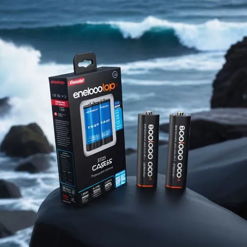 a eneloop battery on the dark  stone podium with  killer wave ocean and lightning effect on the background,the three batteries are placed next to the water,effexor,nanopores,photocells,rechargeable ba