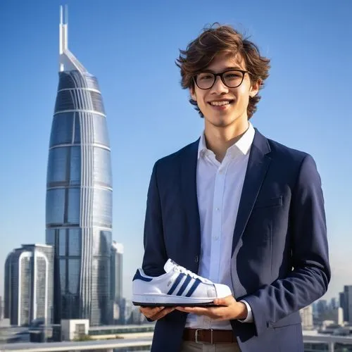 Daniel Arsham, architectural designer, senior high school student, bespectacled, messy brown hair, casual smile, white shirt, dark blue blazer, black trousers, Adidas sneakers, holding a architectural