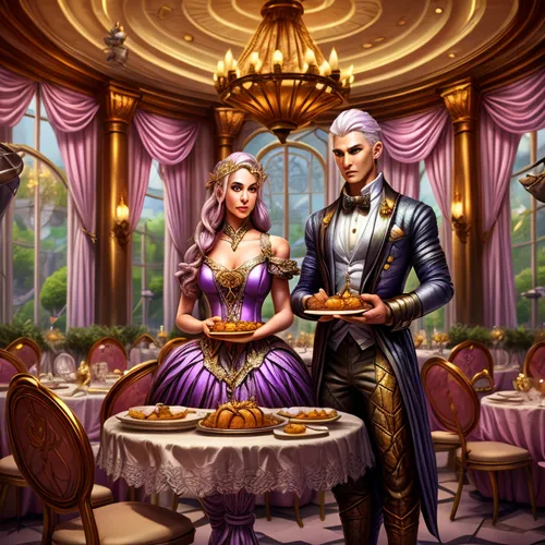 romantic dinner,wedding couple,thirteen desserts,fantasy picture,prince and princess,wedding banquet,silver wedding,cg artwork,dinner for two,purple rose,fairy tale icons,la violetta,a fairy tale,fairy tale,husband and wife,game illustration,libra,beautiful couple,tea party,purple and gold foil