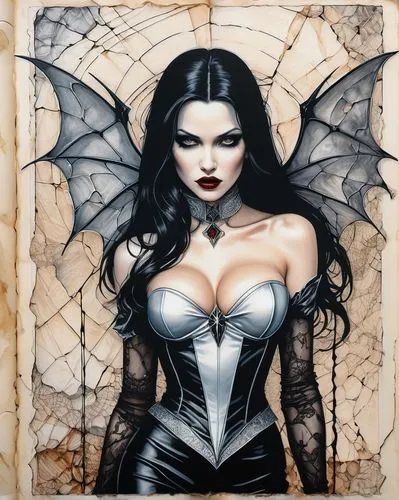 vampira,vampire woman,dark angel,gothic woman,gothic portrait,vampire lady,chalk drawing,fantasy art,black angel,goth woman,fantasy woman,evil fairy,widow,bat,angel of death,queen of the night,femme fatale,dita,dark art,gothic,Illustration,Abstract Fantasy,Abstract Fantasy 05