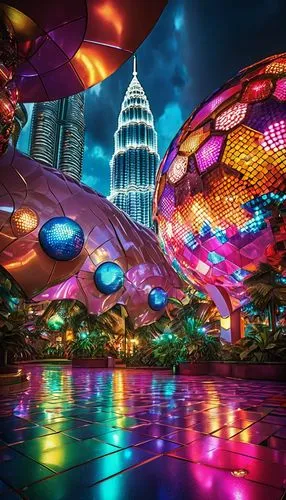 garden by the bay,fantasy city,kaleidoscape,dubai garden glow,colored lights,colorful city,gardens by the bay,futuristic landscape,singapore,3d fantasy,colorful light,imaginationland,kuala lumpur,fantasy world,vesak,fairy world,fractal lights,futuristic architecture,organica,kaleidoscope art,Illustration,Realistic Fantasy,Realistic Fantasy 38