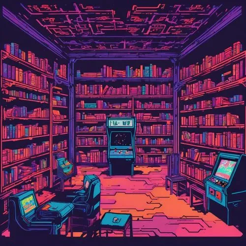 Japanese library,a painting with books, an old tv and computer,book wallpaper,book store,bookstore,book electronic,computer room,vhs,Unique,Pixel,Pixel 04