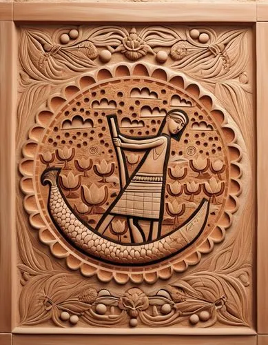 terracotta bas relief,a wooden sculpture with a drawing on it,patterned wood decoration,wood carving,woodburning,woodcarving,carved wood,lyre box,Photography,General,Realistic