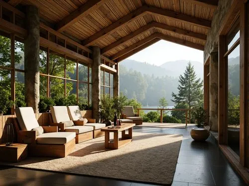 sunroom,amanresorts,chalet,the cabin in the mountains,lefay,front porch,porch swing,summer house,beautiful home,house in the mountains,verandah,porch,living room,wood deck,wooden beams,alpine style,luxury home interior,outdoor furniture,breakfast room,wooden decking