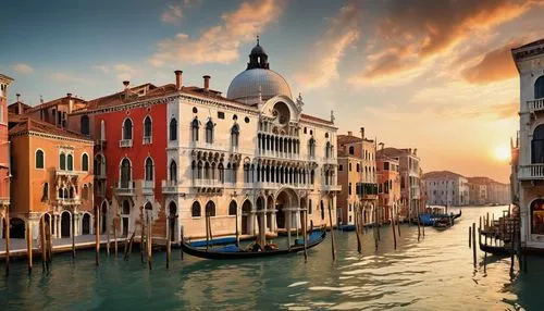 Venetian architecture, grand canal, Baroque style, ornate stone carvings, arched windows, Gothic elements, intricate marble decorations, golden accents, majestic columns, balconies with iron railings,