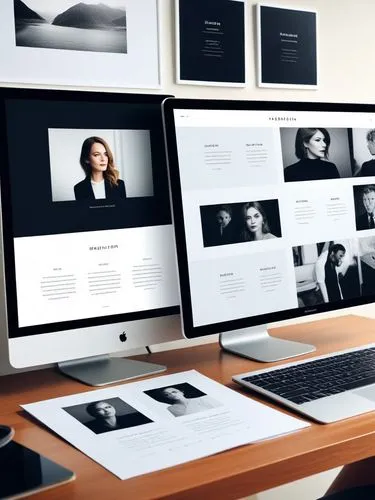 Create an elegant portfolio that showcases your best work.,an image of an office setting with desk and computer screen,imacs,imac,apple desk,blur office background,webdesign,macbooks