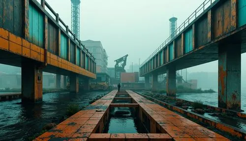 industrial landscape,docks,dockage,tangshan railway bridge,cargo port,norilsk,girders,dockyards,dock,industrial ruin,railroad bridge,aerial lift bridge,ship yard,cofferdams,falsework,dockworker,drydock,shipyards,container cranes,container port