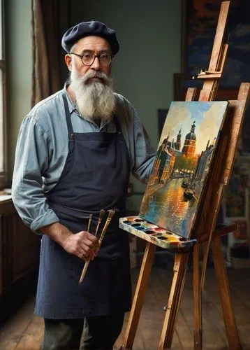 Johfra Bosschart, artist, male, mature, grey beard, glasses, beret, paint-splattered apron, holding palette, standing, studio, wooden easel, half-finished canvas, brushes, paints, solvents, artistic t