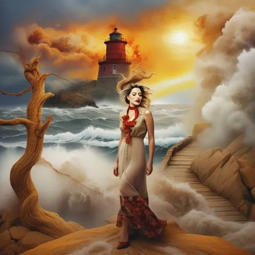 A beautiful young woman with fair skin and beautiful blonde hair blowing in the wind in a floral skirt shirt standing on a small wooden pier in the middle of a raging storm, a huge sailing ship caught