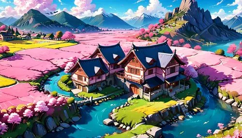 fairy village,alpine village,skylands,candyland,mountain village,aurora village,township,knight village,fairyland,fairy world,mountain settlement,butka,dreamhouse,home landscape,bakersville,elves country,fairy tale castle,escher village,fantasy landscape,dreamsville,Anime,Anime,Realistic