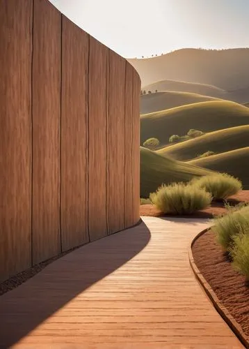 Earth-toned rammed earth wall, rustic texture, natural material, curved lines, organic shape, blending with surroundings, serene atmosphere, rural landscape, rolling hills, few trees scattered, warm s