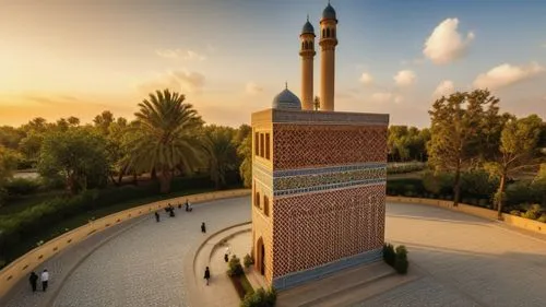 "Design this building in the style of Iranian mosques, incorporating traditional elements such as intricate tile work, large domes, slender minarets, and grand iwans. The architecture should reflect t