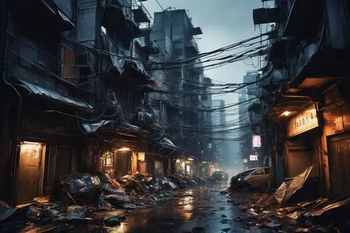 kowloon city,dishonored,destroyed city,slums,alleyway,world digital painting,kowloon,slum,post apocalyptic,post-apocalyptic landscape,alley,arkham,alleyways,shadowrun,ruelle,darktown,hankou,blind alley,hashima,killzone,Illustration,Japanese style,Japanese Style 17