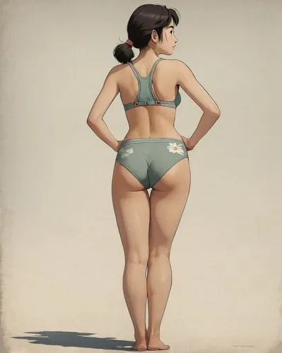 Studio Ghibli wwii nose art style, beautiful teen girl posing in a provacative manner wearing only her bra and hiding her exposed buttocks, barefoot, ,ukwu,radebaugh,pinu,donk,bunda,glutes,sculpt,roun