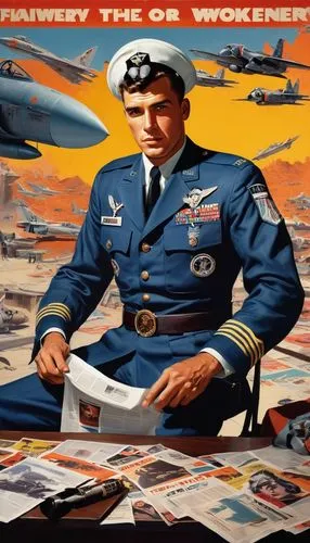 An USAF 1950s jet fighter pilot in outgoing dress uniform is sitting in a flyers bsr and behind him on the wall are several posters with women, some old, grumbled, torn, of stunning dressed pin-up gir