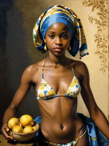 Painting: A pretty young Negress, wearing a kind of bikini in the style of Jan Vermeer.,a painting shows an african american woman wearing a yellow and blue bikini,african woman,oshun,africana,african