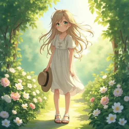 1girl, youthful appearance, relaxed posture, long flowing hair with natural highlights, minimal makeup with a soft blush, wearing a casual summer dress in a light floral pattern, white sandals, holdin