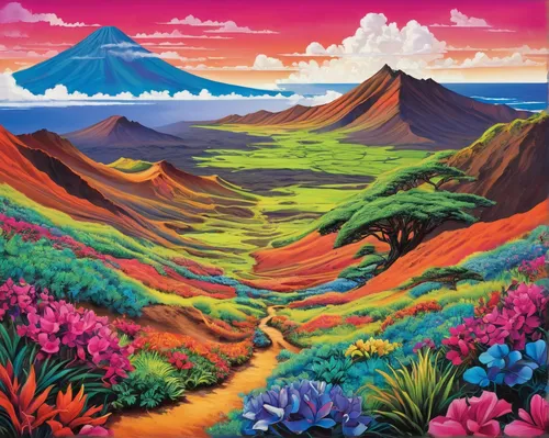 flowerful desert,volcanic landscape,volcanos,molokai,galapagos,mountain landscape,desert desert landscape,desert landscape,mountain scene,mountainous landscape,kamchatka,tropical bloom,galapagos islands,volcanism,volcanic field,nicaragua,la palma,pachamama,volcano,mushroom landscape,Illustration,Abstract Fantasy,Abstract Fantasy 13