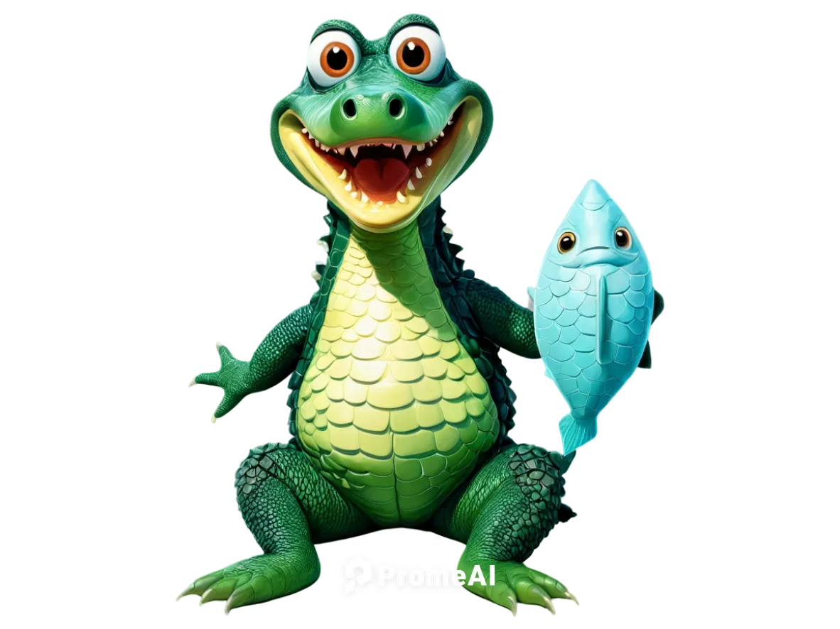 Cartoon alligator, green scaly skin, big round eyes, smiling face, sharp teeth, white belly, short legs, webbed feet, sitting on haunches, holding a fish, tropical plants around, colorful background, 