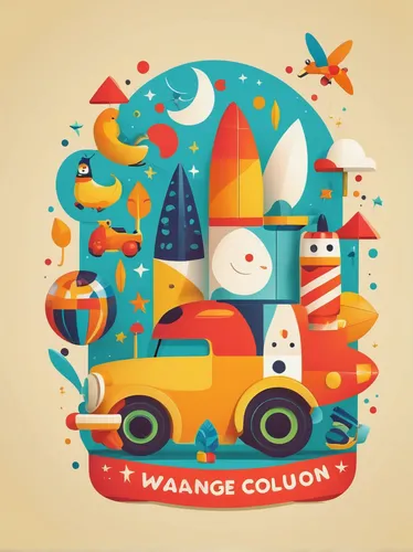 Create a vibrant and playful logo for a children's toy company.,wagon,station wagon-station wagon,covered wagon,wagons,harvey wallbanger,vanagon,cd cover,old wagon train,sailing orange,vector illustra