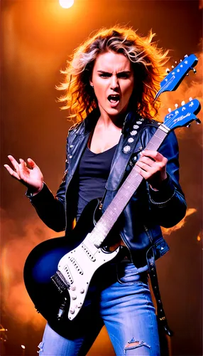 Electric guitar, loud amplifier, musician, rockstar, energetic performance, dynamic pose, wind-blown hair, metal accessories, leather jacket, ripped jeans, stage lights, smoke effects, intense facial 