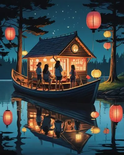 mid-autumn festival,night scene,lanterns,japanese lantern,fishing tent,people fishing,oriental lantern,sampan,boathouse,golden pavilion,floating huts,chuseok,ukiyoe,dragon boat,boat landscape,fishing camping,illuminated lantern,japanese paper lanterns,oriental painting,japanese restaurant,Illustration,Realistic Fantasy,Realistic Fantasy 19