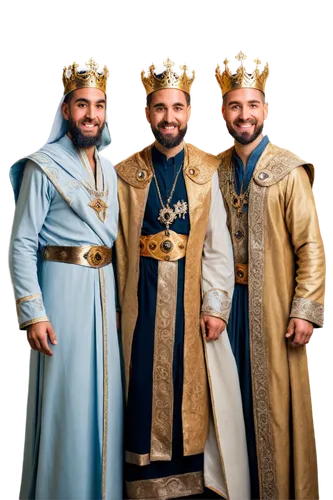 Three Wise Men, kings, bearded, ornate crowns, luxurious robes, golden accessories, staffs, halos, benevolent smiles, warm lighting, soft focus, cinematic composition, shallow depth of field, warm col