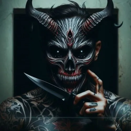 a tattooed devil threatening with a knife,an evil demon with tattoos holding a large knife,demoness,psychobilly,demona,devilder,genest,nergal